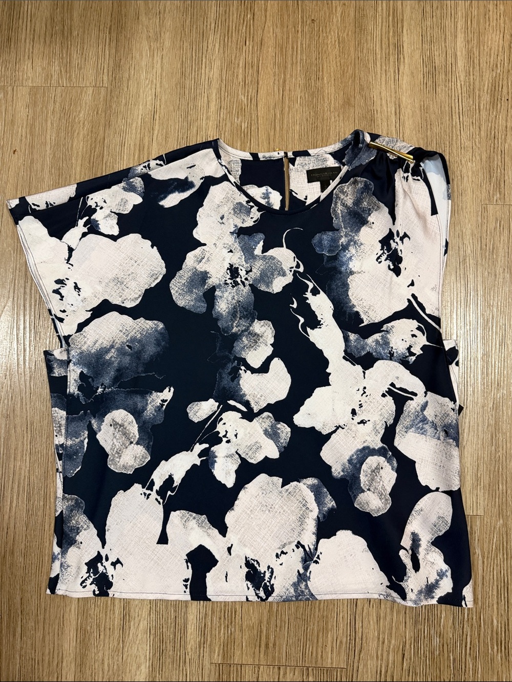 Donna Karan Navy and White Floral Cap-Sleeve Top L